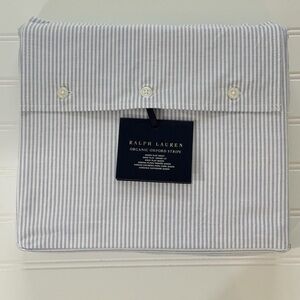 NWT Ralph Lauren RL Organic Oxford Stripe Queen Flat Sheet Blue NWT $210